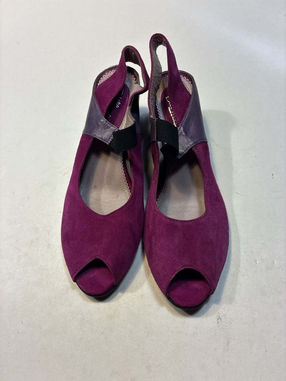 Philip Davidson Purple and Grey Suede Peep-Toe Slingback Wedges